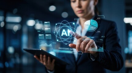 Fototapeta premium A modern technology environment where a professional uses AI for data automation and analysis.