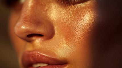 Naklejka premium Closeup of face with glossy nose, lip and eye area, symbolizing retinol care, glowing complexion, smooth texture and healthy radiance.