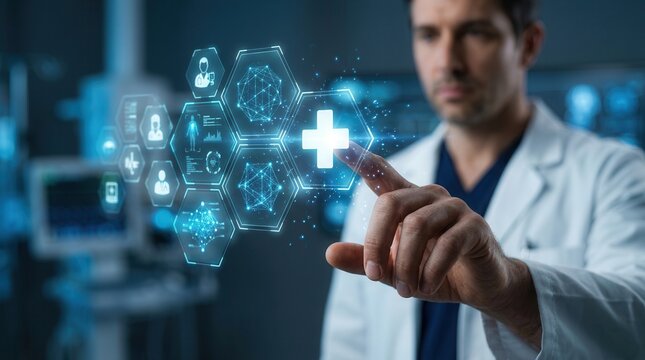 A doctor interacting with a digital health monitor system visualization using holograms.