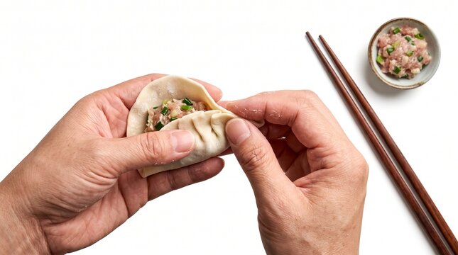 Hands Folding Wrapping Fresh Dumpling With Filling Chopsticks And Dipping Sauce White Background Isolated Cutout PNG