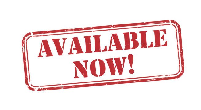 Red rubber stamp with the text available now isolated on transparent background