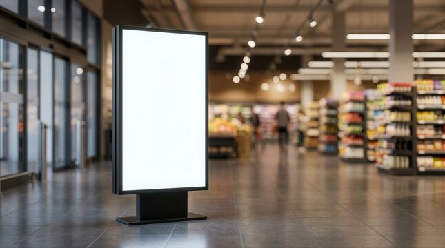 Vertical white advertising sign standing in a grocery store entrance with marketing copy space.