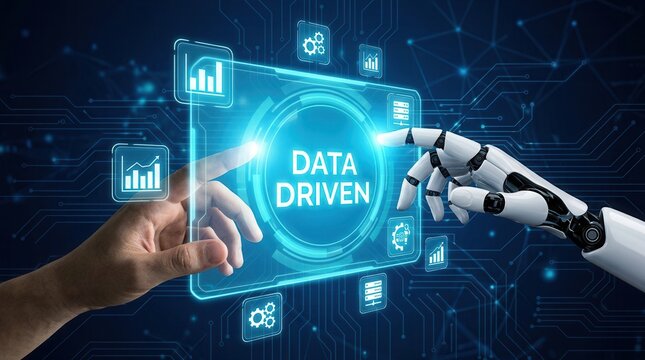Robotic hand and human hand interacting with a data-driven digital interface for strategic business moves.