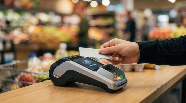 Contactless payment transaction being made with a card at a supermarket checkout terminal.