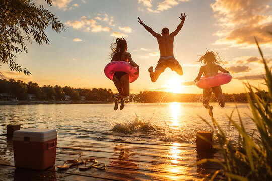 Friends having fun enjoying a summer day swimming and jumping at the lake.
