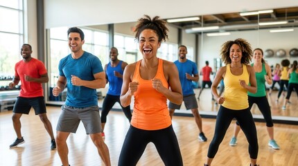 Obraz premium A diverse group of people participating in a high energy fitness dance and aerobics class in a bright gym.