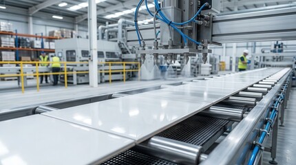 Fototapeta premium Automated machinery applying glaze to ceramic tiles on a production line.