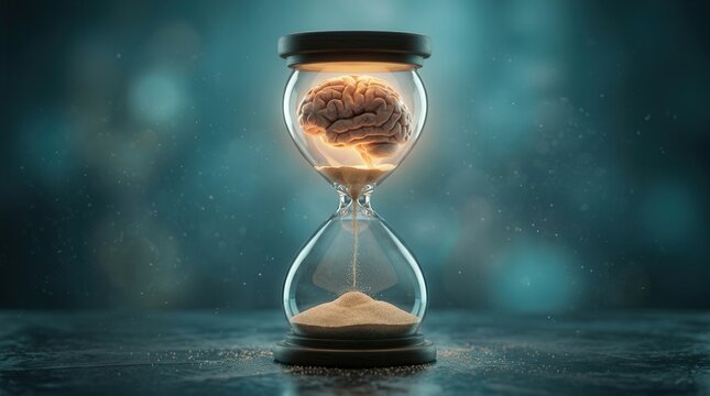 Conceptual image of a human brain inside an hourglass symbolizing time passing and intellect.