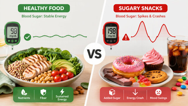 Comparison of healthy bowl versus sugary snacks with meters