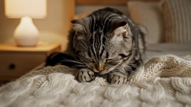 Cozy Tabby Cat Resting on a Knitted Blanket in a Warm Bedroom.
