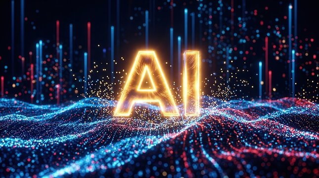 Future assistance through advanced artificial intelligence concept with glowing waves and AI letters.