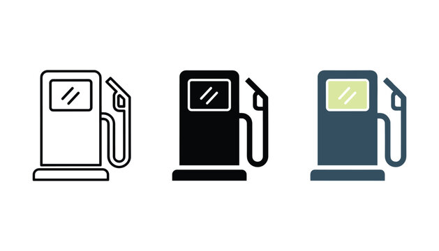 Gas station pump icons with electronic display screen in line art glyph and flat design styles for automotive service station branding and energy consumption reporting interface icons