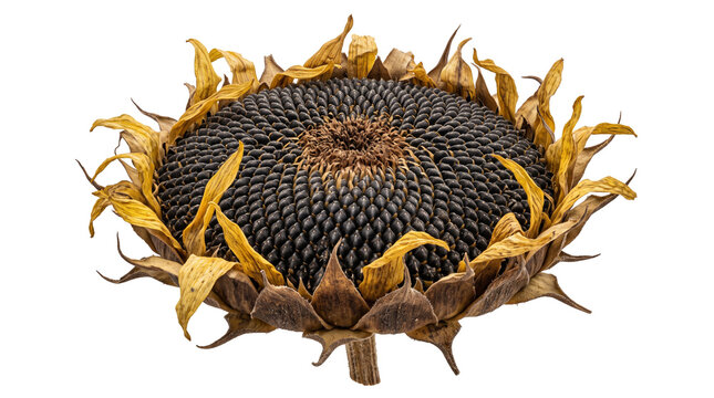 Impressive large dried sunflower seed head demonstrating the complex mathematical spiral pattern of its dark seeds