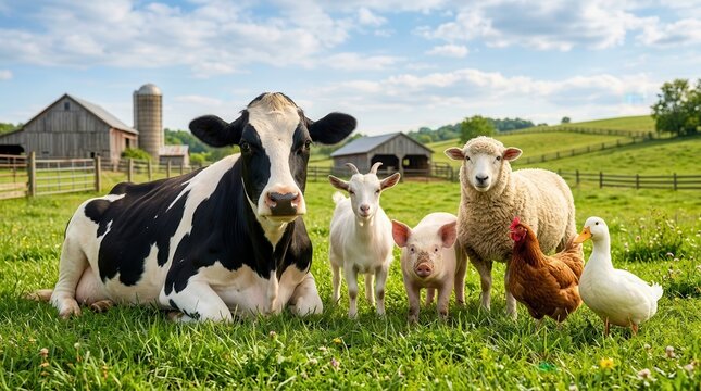 A collection of various farm animals gathered in a bright green field near rustic barns.