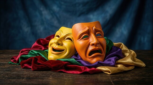 Two theater masks representing comedy and tragedy on a rustic wooden surface with vibrant fabrics.