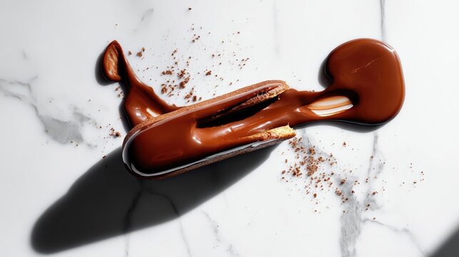 A chocolate eclair with gooey chocolate filling spills onto a white marble surface. The rich dessert creates an appetizing mess with crumbs and creamy glaze.