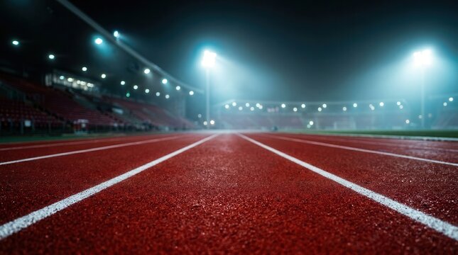 Running track in a sports arena at night under bright floodlights with fog.