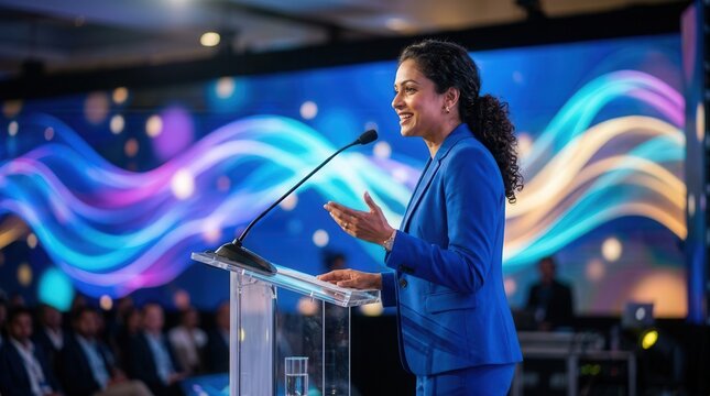 A professional Indian female speaker giving a presentation at a microphone during a business conference.