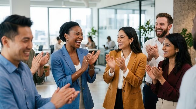 Happy professional group clapping hands to celebrate achieving financial goals.