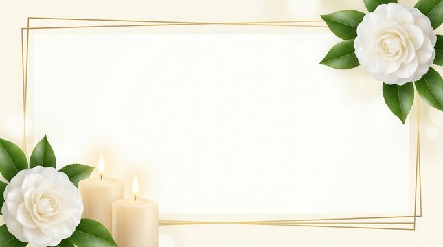 Peaceful memorial template for sympathy cards featuring white flowers and lit candles.