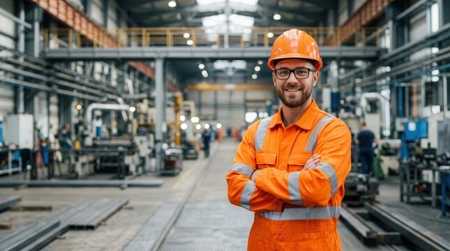 Confident man in reflective vest and hard hat smiles with arms crossed in an industrial setting.