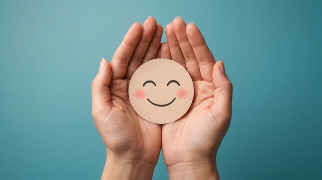 World mental health day concept featuring a happy smiling paper face held in cupped hands.