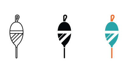 Fishing float indicator icon set with striped bobber design in outline solid black and teal orange color variations for professional angling and sport fishing gear digital marketing © TARU STOCKPLC