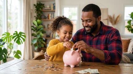 Fototapeta premium A smiling black father and young daughter learn about finance by putting coins in a piggy bank.