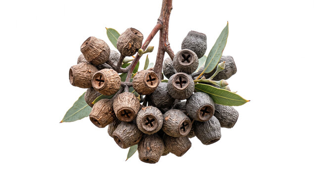 Dense cluster of woody dried eucalyptus gumnuts showcasing distinct cross-shaped openings and deep brown weathered textures