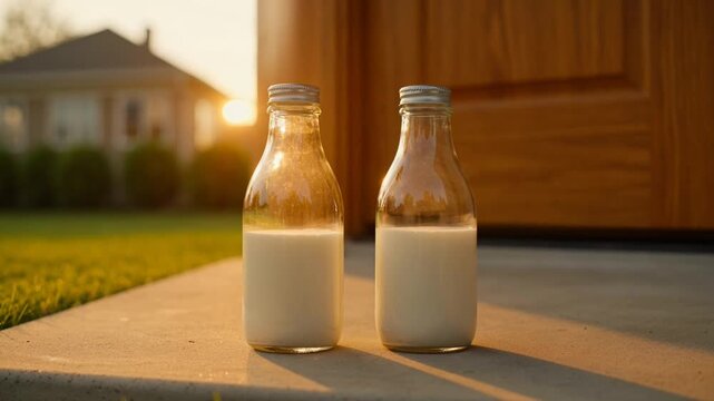 Two Glass Bottles of Fresh Milk Standing on a Porch at Sunset.