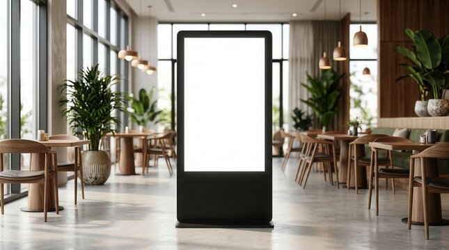 Empty vertical digital advertising display standing inside a contemporary restaurant interior.