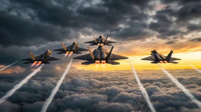 A squadron of five modern fighter jets soaring above clouds with glowing engines and contrails at sunrise.