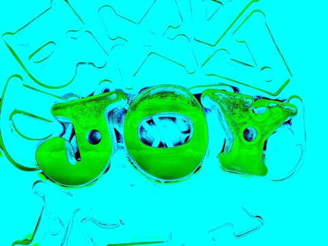 Acid green word JOY on bright turquoise background with abstract letter contours, psychedelic pop art style text illustration
