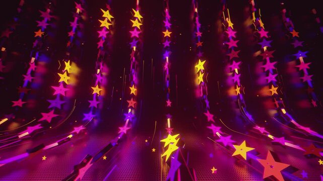 Seamless VJ loop with glowing neon stars abstract structure and psychedelic motion for high-tech club visuals, electronic music festivals, stage screens and for LED video walls