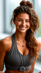 Fototapeta premium Smiling athletic woman in fitness wear promoting healthy lifestyle confidence natural beauty and positive wellness mindset