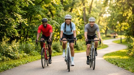 Fototapeta premium A group of three diverse friends enjoying a cycling trip on road bikes through a sunny green park.