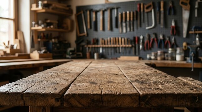 Carpentry workbench surface for product presentation and mockup in a woodworking studio.