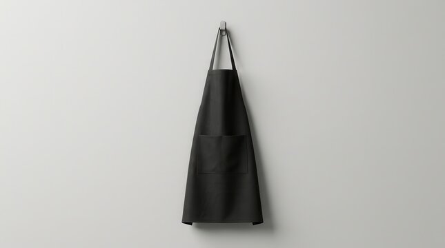 Blank black culinary apron with pocket, a professional kitchen uniform hanging on a wall.