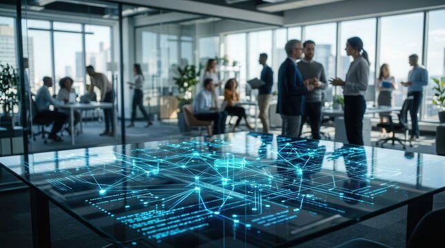Modern office interior with people working and network connections overlayed on a table top.