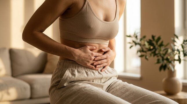 Young woman experiencing bloating and stomach ache while holding her lower abdomen.