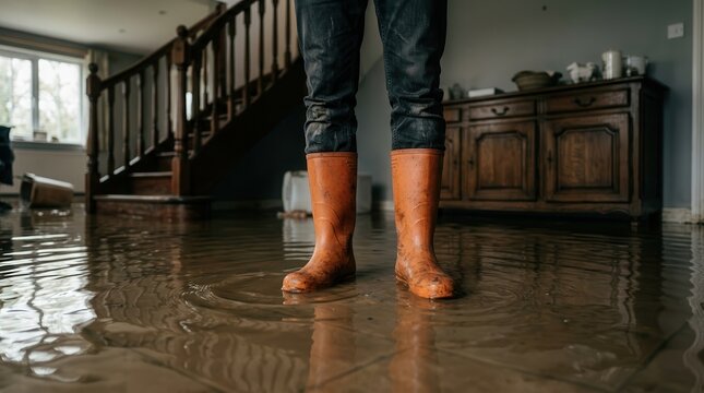 Murky floodwater fills the interior of a house as a person in orange boots stands in the water.