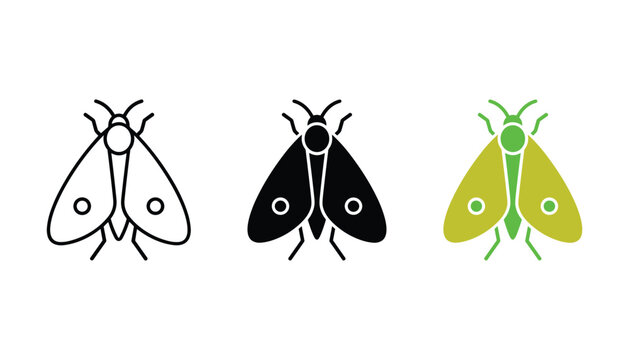 Three moth insect icons in outline solid and colorful flat styles for nature study or biology educational graphic design projects isolated on a clean white background for easy use