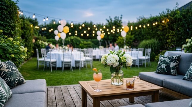 Outdoor event decoration featuring string lights, balloons, and lounge furniture in a garden.