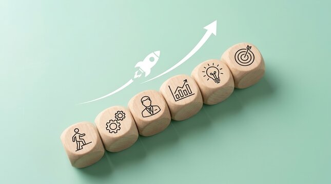 Business goals management and company strategy target visualized with wooden cubes and icons.