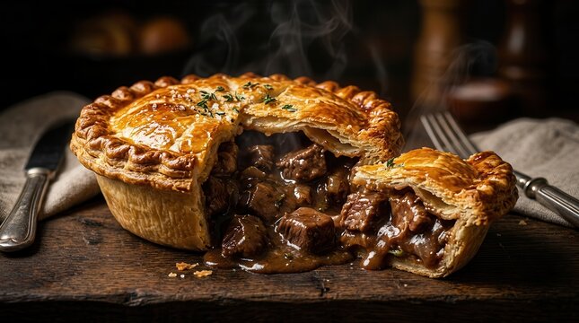 A delicious meat pie cut open to reveal tender beef and kidney in rich gravy.