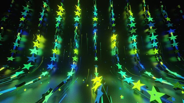 Seamless VJ loop with glowing neon stars abstract structure and psychedelic motion for high-tech club visuals, electronic music festivals, stage screens and for LED video walls