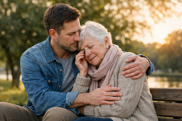 Fototapeta premium Middle aged man comforting elderly woman on park bench
