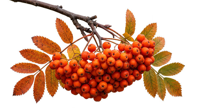 Heavy cluster of bright orange rowan berries attached to a woody branch with stunning autumn-colored pinnate leaves