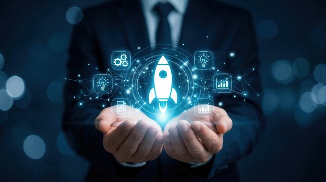 Startup concept development plan featuring a rocket launch and business project growth strategy.