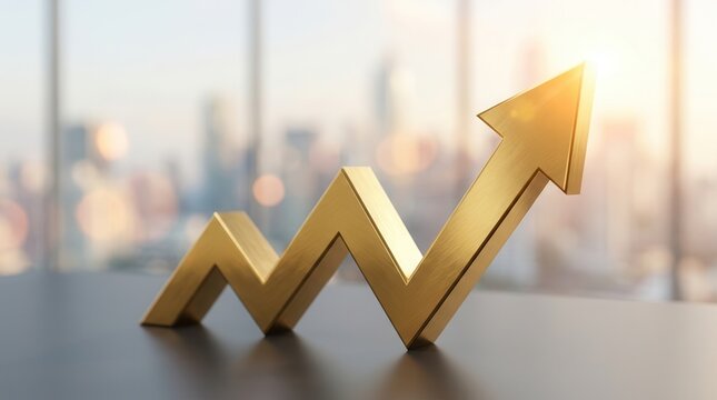 Business success and financial progress represented by a golden arrow chart and city background.